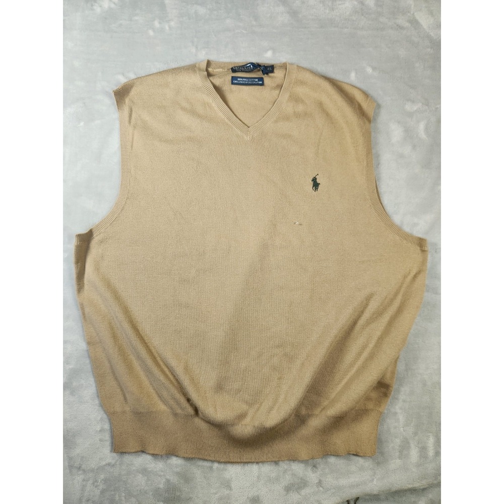 Polo Ralph Lauren Sweater Vest Mens XL beige V‎ Neck Sleeveless pima Cotton knit